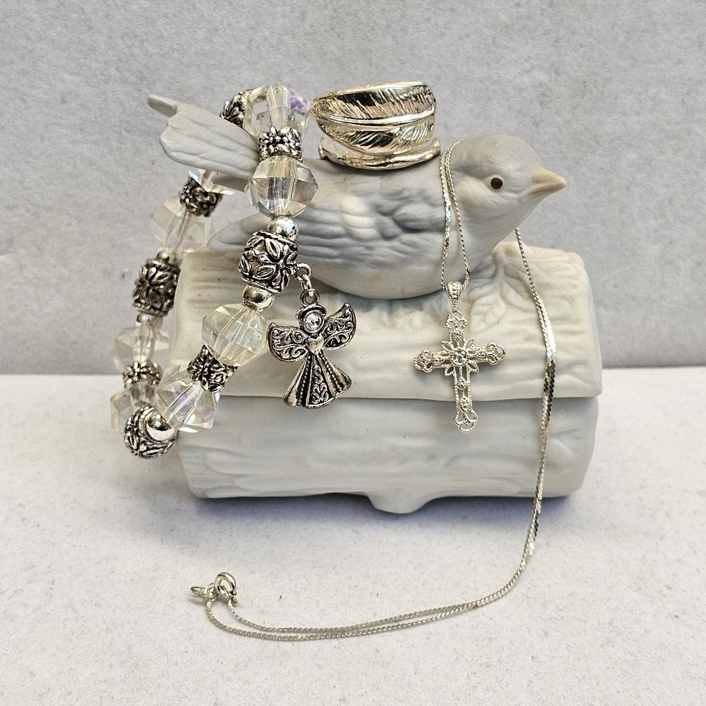 SET! 925 Cross with 925 Feather Ring & Stretch Angel Bead Bracelet SET! - Picture 2 of 16